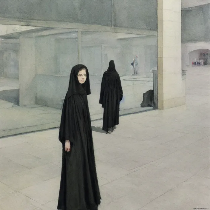 Image similar to woman in black robes, short skirt, in magnificent shopping mall, artstation, watercolor painting, art by edward hopper, zdislav beksinski, wayne barlowe, edward hopper