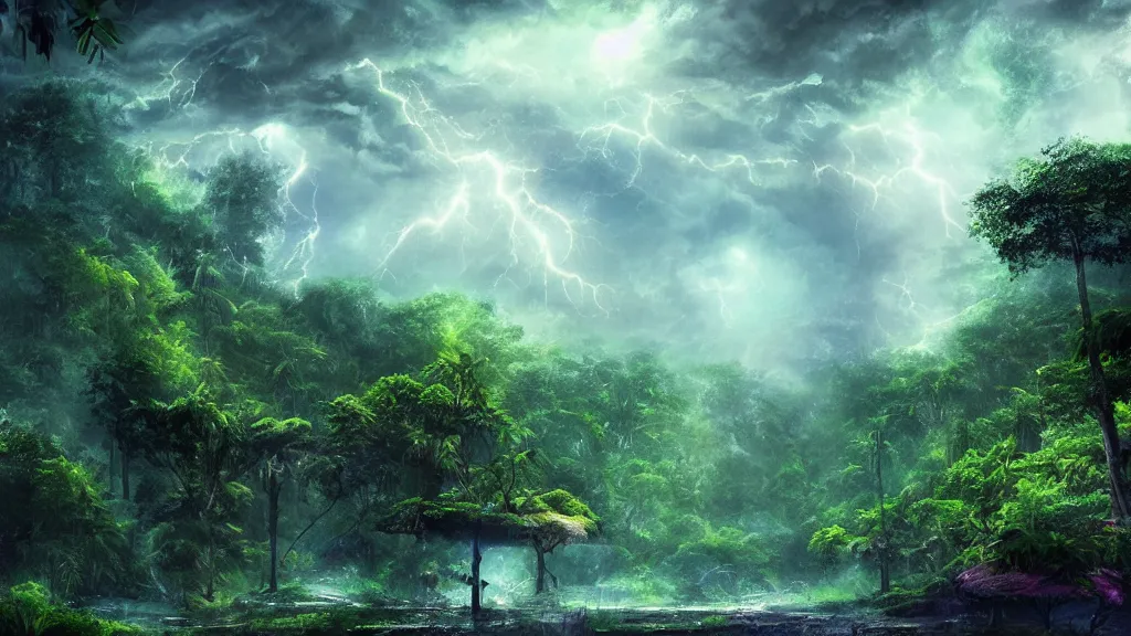 Prompt: Beautiful Thunderstorm in the jungle” Beautiful Dreamscape, Digital art, concept art, detailed, lovely colors, Art station,3-D 4K, beautiful background, matte painting, ,