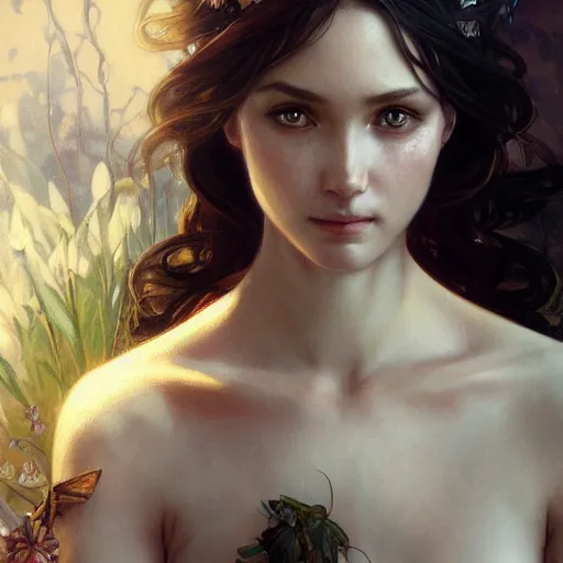 Image similar to portrait of a nymph, D&D, fantasy, highly detailed, digital painting, artstation, smooth, sharp focus, illustration, art by artgerm and greg rutkowski and alphonse mucha