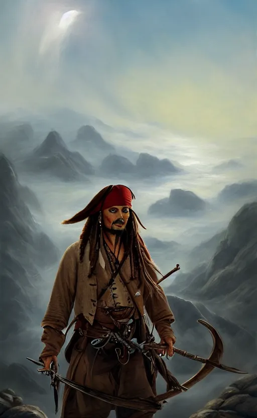 Image similar to a beautiful painting of jack sparrow in the style of wanderer above the sea of fog, featured on artstation