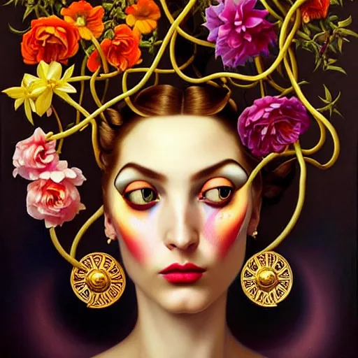 Image similar to dynamic composition, a painting of woman with hair of ( summer flowers )!! and vines wearing ornate earrings, ornate gilded details, a surrealist painting by tom bagshaw and jacek yerga and tamara de lempicka and jesse king, featured on cgsociety, pop surrealism, surrealist, dramatic lighting, wiccan, pre - raphaelite