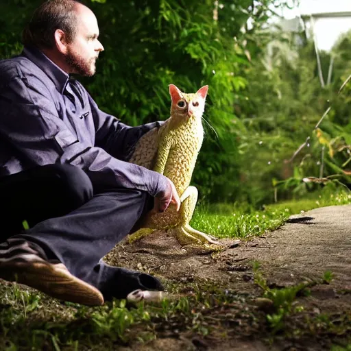 Image similar to photo of a frog man talking with his cat