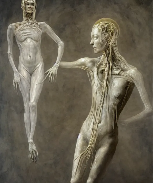 Image similar to Beautiful full-body wax sculpture of glowing transparent woman with visible bones covered with melted white candle wax inside the singularity where stars becoming baroque folds of dark matter by Michelangelo da Caravaggio, Nicola Samori, William Blake, Alex Grey and Beksinski, dramatic volumetric lighting, highly detailed oil painting, 8k, masterpiece