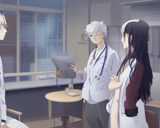 Image similar to a cute young female doctor wearing white coat are talking with an old surgeon in a hospital, slice of life anime, lighting, anime scenery by Makoto shinkai