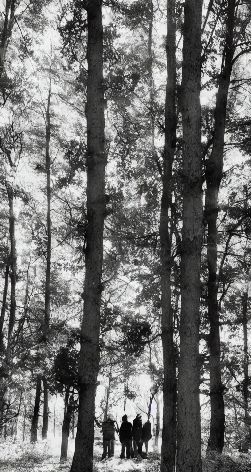 Prompt: Inverted color photograph, family in the woods