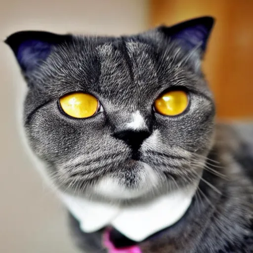 Prompt: A Scottish Fold cat with a top hat and a mustache