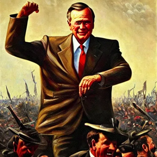 Image similar to Giant George H.W. Bush terrorizes Iraq, oil on canvas, 1883
