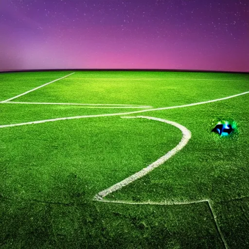 Image similar to a photography of a green soccer pitch on the moon, extreme long shot, realistic