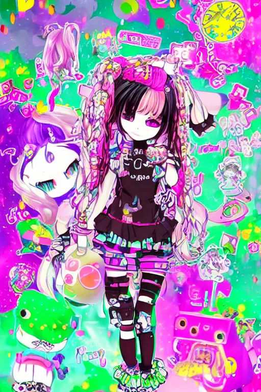 Prompt: cybergoth decora glitchcore yokai girl, sanrio ornaments, pastel cute cinematography | neo hong kong, rainy atmosphere, night time, bright lights, colorful signs, busy streets, high res, kowloon | anime decora gyaru kawaii fashion model, v tuber, darling in the frank,asuka, anime best girl, with glitch and scribble effects, psychedelic colors, 3d render octane, by wlop, wenjr, beeple, artstation,imaginefx