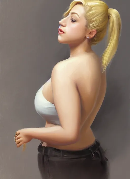 Image similar to full body portrait, teenage lili reinhart, blonde hair, obese, bangs, ponytail, sultry, realistic, sultry smirk, fluffy bangs, curly bangs, fat, belly, intricate, elegant, highly detailed, digital painting, artstation, concept art, smooth, sharp focus, illustration, art by wlop, mars ravelo and greg rutkowski