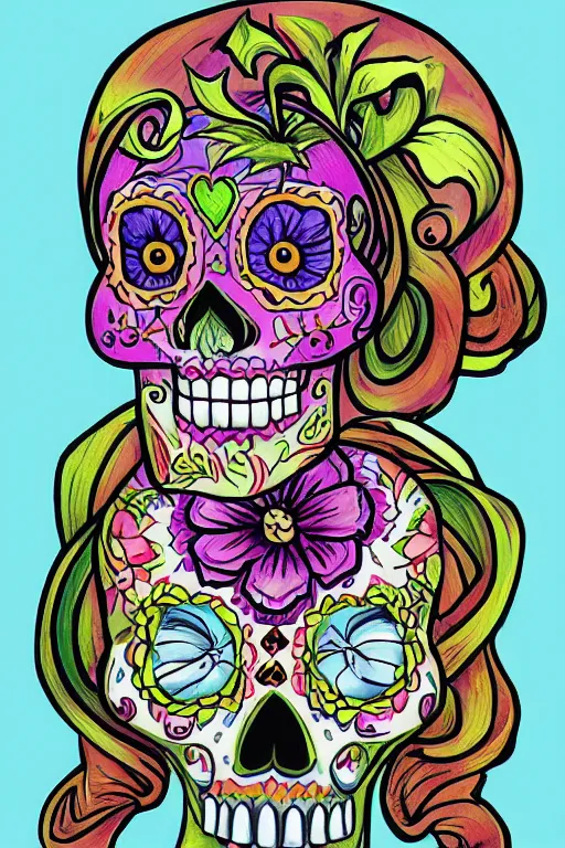 Prompt: Illustration of a sugar skull day of the dead girl, art by Don Bluth