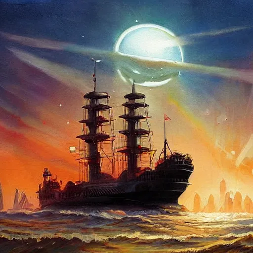 Image similar to a ship off the shore of a beautiful coast with a distant ominous biopunk tower filled with evil technology glowing in the distance, painting by John Berkley