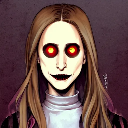 Prompt: pretty female Taissa Farmiga vampire, Jamie McKelvie comic art, Peter Mohrbacher sharp vampire teeth, sarcastic smile showing teeth, symmetrical eyes, realistic face, symmetrical face, brown leather jacket, jeans, long black hair, full body