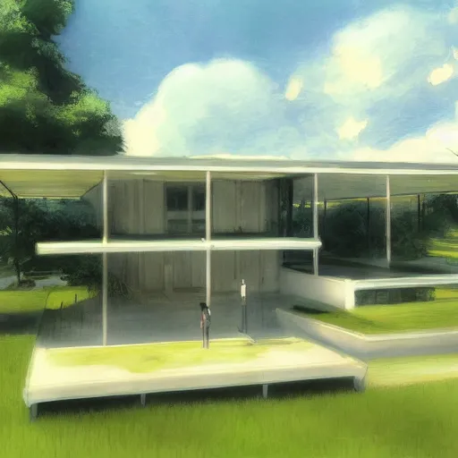 Prompt: farnsworth house, art by makoto shinkai