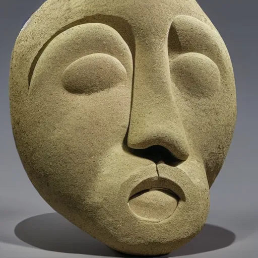 Image similar to cosy, chaotic by robert gillmor. a mixed mediart of a large granite boulder carved to resemble a human face. the nose is slightly upturned, & the eyes & mouth are closed.