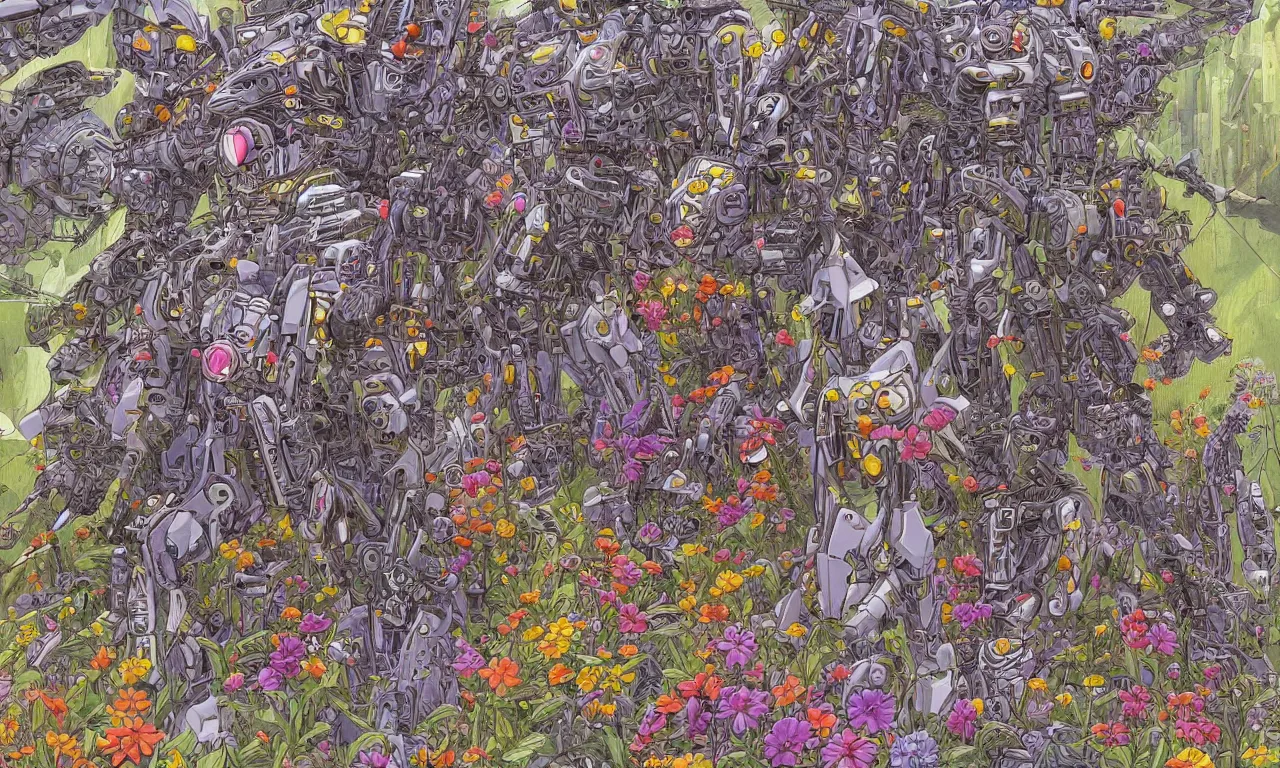Prompt: a battle mech war in a mystical field of flowers, detailed line drawing, intricate, hd, digital art, complementing colors, detailed, illustration painting by alex gray, digital art, moebius
