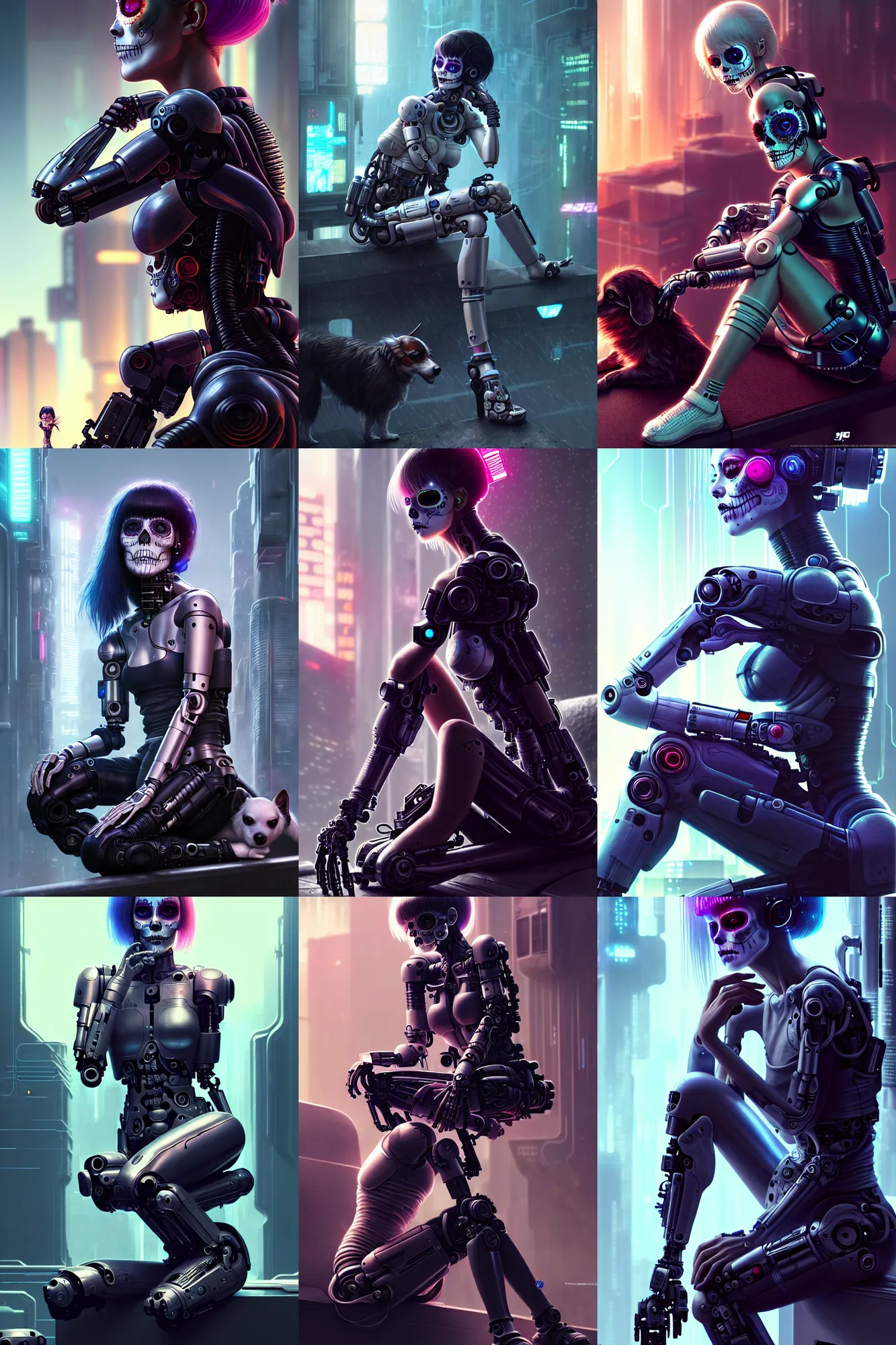 Prompt: ultra detailed female android cyborg ragamuffin, sitting with a stray dog, scifi, cyberpunk, blade runner, photorealistic 3 d render, 8 k octane render, dia de los muertos! by terry oneill and kuciara and rossdraws and artgerm and rutkowski and mucha