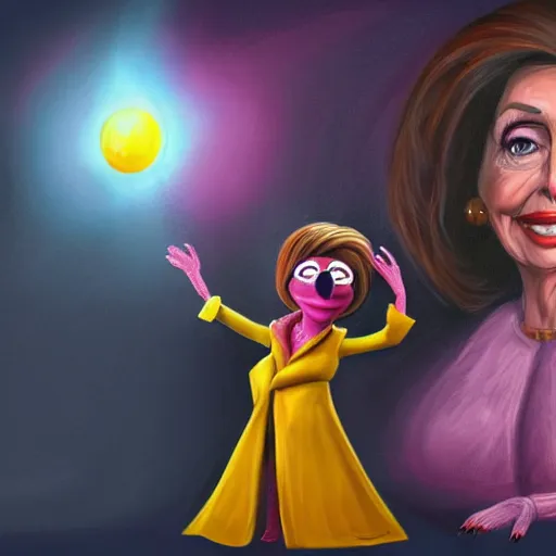 Image similar to « full length portrait of nancy pelosi as an muppet in a white robe and flaming yellow eyes, seven stars in right hand, grim - lighting, high - contrast, intricate, elegant, highly detailed, digital painting, artstation, concept art, smooth, sharp focus, illustration »