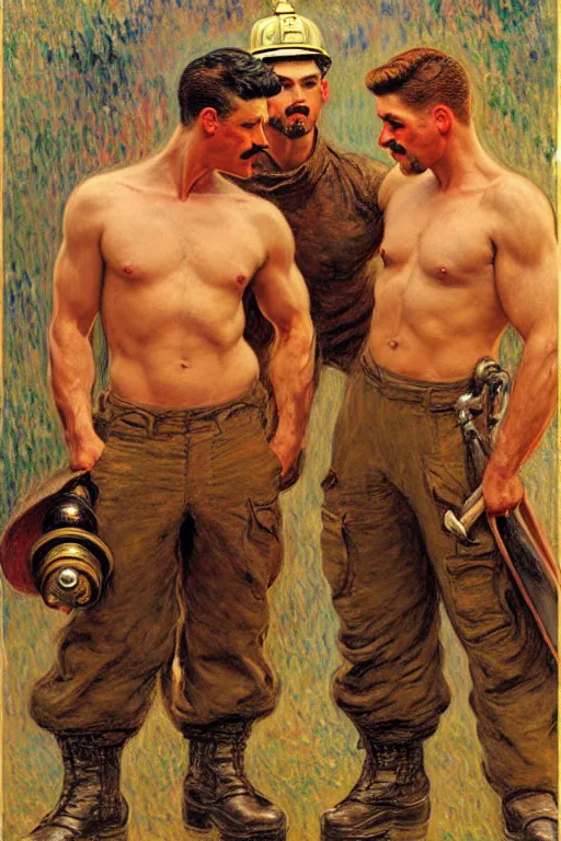 Image similar to attractive male firefighters of boston, painting by tom of finland, gaston bussiere, craig mullins, j. c. leyendecker, claude monet