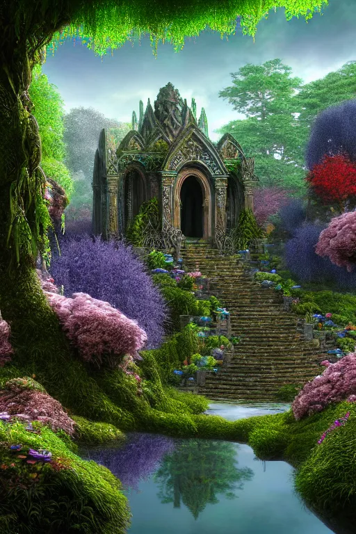 Image similar to photography of a hyper realistic lost celtic elven temple in a magical fantasy garden, mirroring water, colorful flowers, epic scale, insanely complex, hyperdetailed, sharp focus, hyper realism, artstation, cgsociety, 8 k, bright colors, by takato yamamoto, unreal engine 5