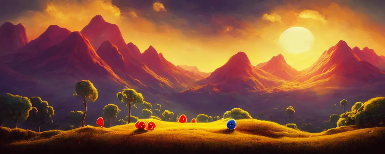 Image similar to detailed round pacman, with ghosts, in a beautiful nature landscape with clouds, mountains, in background, sunset, by rhads, round pacman, detailed, coherent