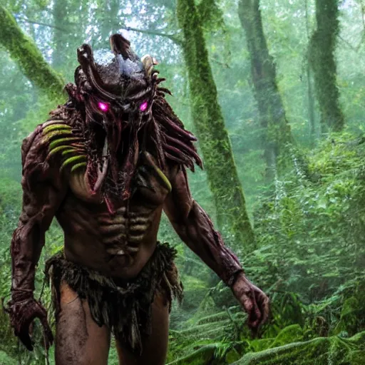 Image similar to High Fantasy Predator from the movie Predator in the forest plains of north yorkshire, 4k