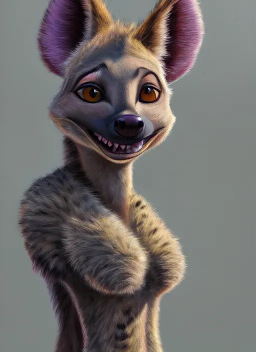 Image similar to oil painting detailed full body of anthromorphic female hyena, in style of zootopia, zootopia, zootopia, fursona, furry, furaffinity, 4 k, deviantart, furry art, fursona art, wearing black business suit, in style of zootopia, hyena fursona, cyberpunk, female, expressive, detailed feminine face,