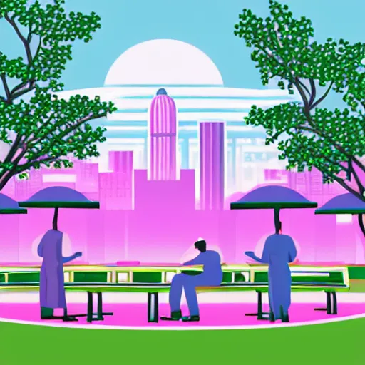 Prompt: art deco vaporwave illustration of a park with trees, benches, and a couple people playing mahjong, with a futuristic pink pastel city in the background