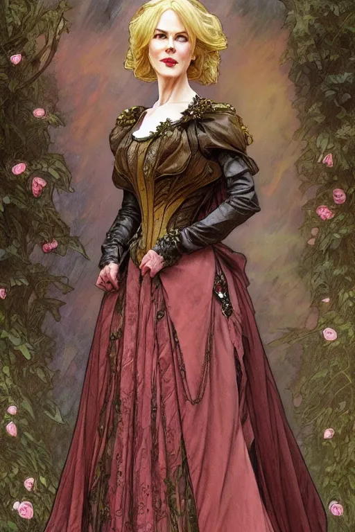 Image similar to Nicole Kidman dressed in a victorian roses dress fashion, D&D, fantasy, intricate, elegant, highly detailed, digital painting, artstation, concept art, matte, sharp focus, illustration, art by Artgerm and Greg Rutkowski and meredit frampton and Alphonse Mucha