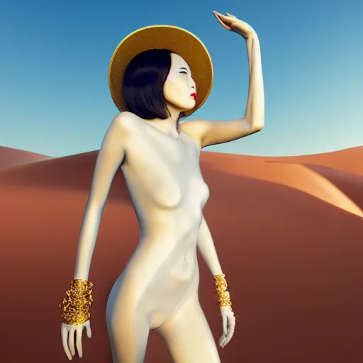 Image similar to innovative avant-garde art, deco fashion, japanese women, white theme, highly detailed, photorealistic portrait, serene desert setting, golden hour, crisp quality and light reflections, unreal engine 5 quality render