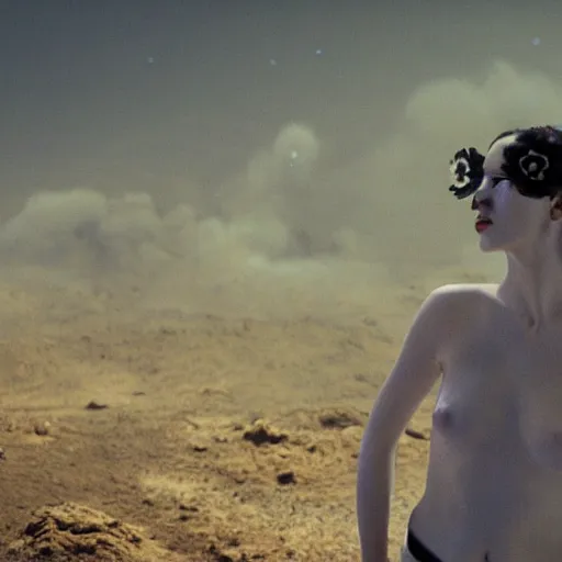 Prompt: The full body shot of beautiful pale woman with many flowers and full-face black mask with glowing halo, a thick black smoke in rocky desert landscape, blue background, falling star on the background, burning earth by Christopher Doyle, Gaspar Noe, Tarkovsky, Alejandro Jodorowsky, anamorphic lens, cinematic composition, award winning photo, 8k