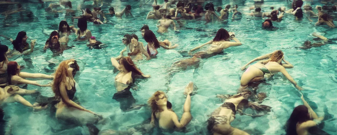 Prompt: an ultra wide in colour 3 5 mm film photo of gathering of half alien half human half mermaid hybrids, hunting underwater in a public swimming pool, liminal spaces, ritual occult gathering, film grain