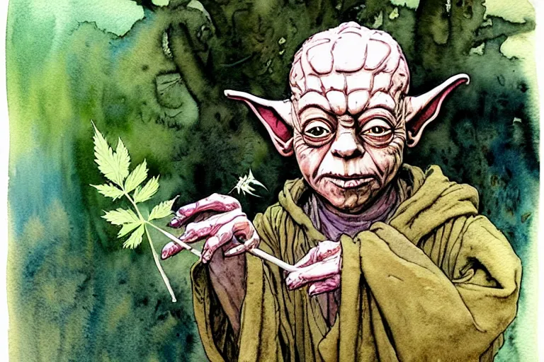 Prompt: a realistic and atmospheric watercolour fantasy character concept art portrait of yoda with pink eyes looking confused holding a blunt with a pot leaf nearby, by rebecca guay, michael kaluta, charles vess and jean moebius giraud