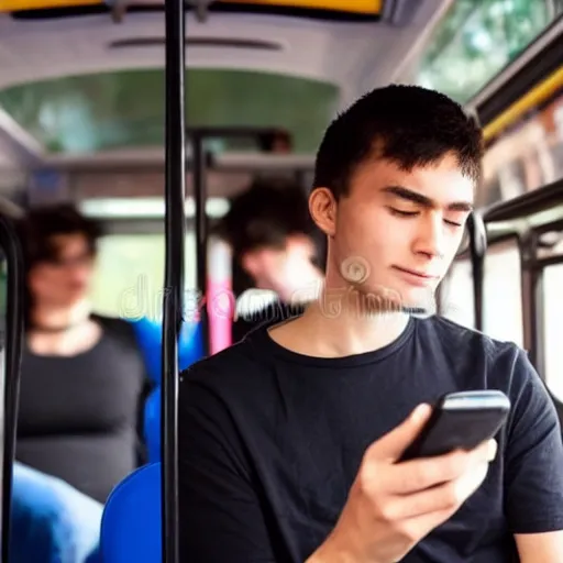 Image similar to a bored tired young university student is riding a very crowded public bus, he's holding a bottle of fizzy dark beer and is looking at his smartphone. student is wearing a black shirt, has slick dark brown hair and a round face with mild acne. professional stock photo, bokeh, 4 k