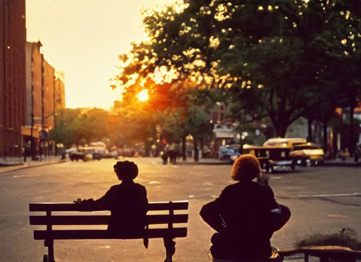 Prompt: a 35mm photograph from the back of a woman sitting on a bench in Harlem, New York City in the 1960's at sunset, bokeh, Canon 50mm, cinematic lighting, photography, retro, film, Kodachrome, award-winning, rule of thirds, golden hour