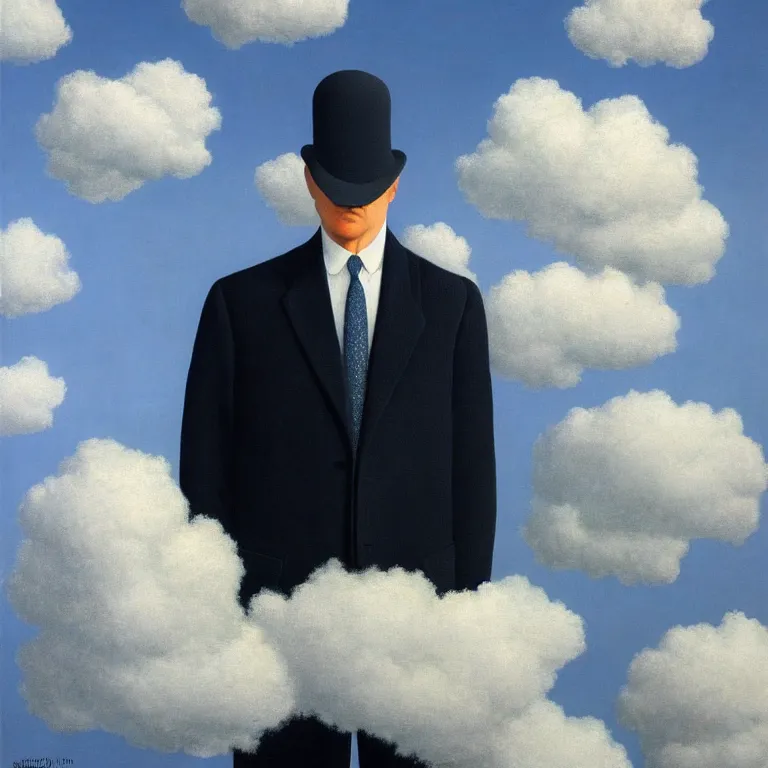 Image similar to portrait of a man made out of clouds in a suit, by rene magritte, detailed painting, hd, hq, high resolution, high detail, 4 k, 8 k