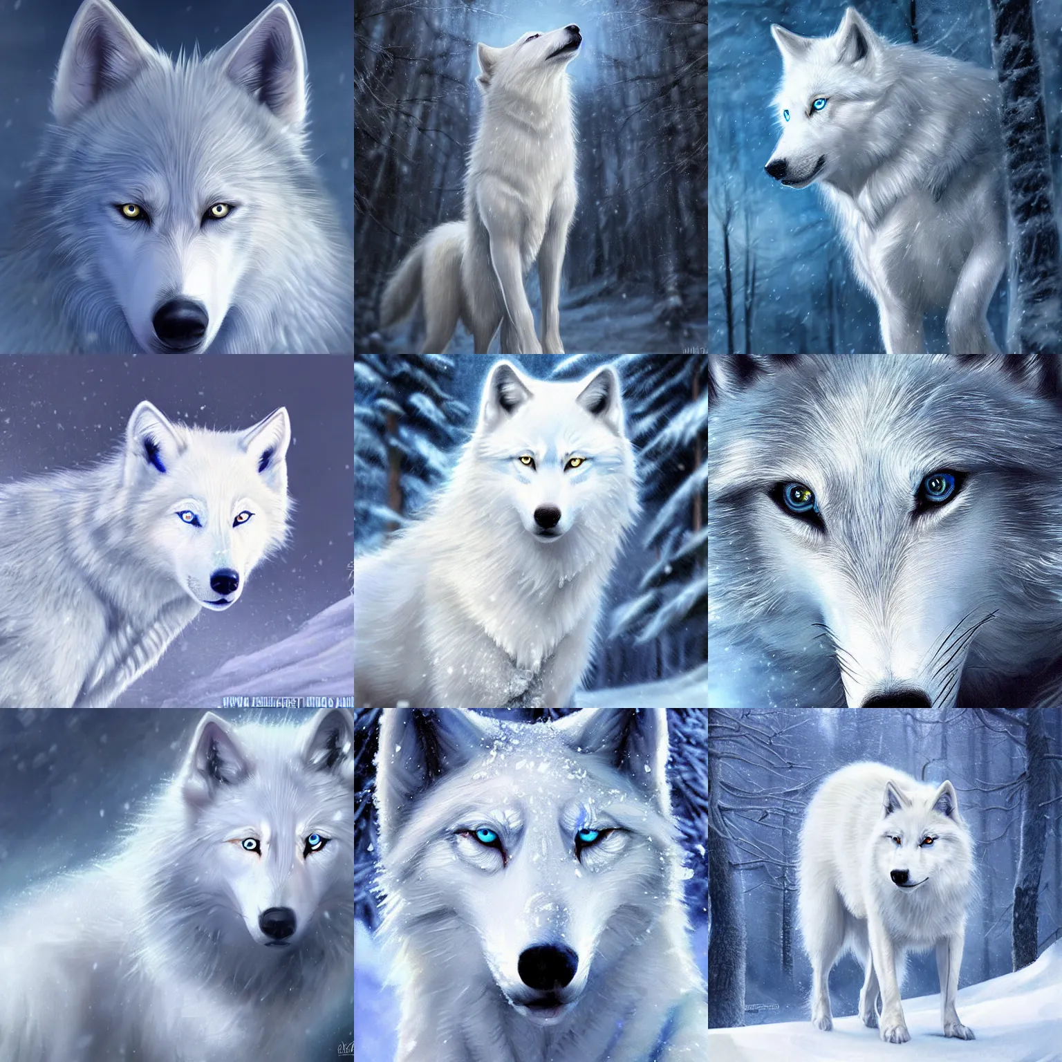 Prompt: a white wolf with blue eyes in the snow, realistic painting, high definition, digital art, matte painting, very detailed, concept art, pixiv, deviantart, artstation, illustration, realistic