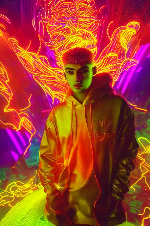 Prompt: hyper detailed ultra sharp portrait of baroque and bladerunner delicate neon ruby sculpture of seductive albino zayn malik tigers orange radioactive humanoid deity wearing metallic hoody made out of leaves holding the sun prismatic dungeon, glowing rainbow face, crown of white diamonds, cinematic lighting, photorealistic, octane render 8 k depth of field 3 d