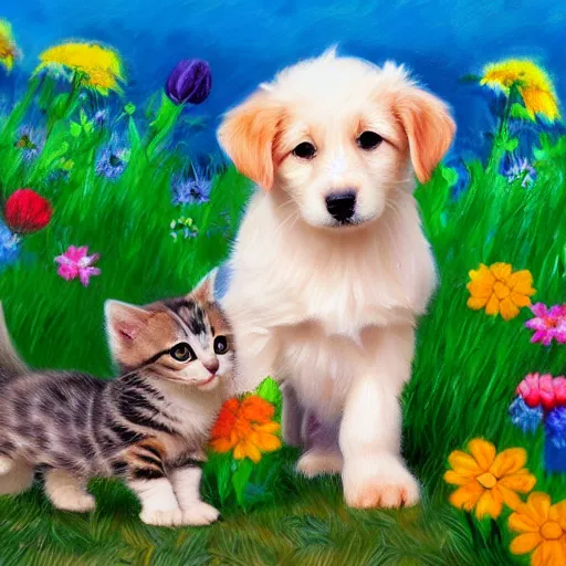 Prompt: animal friends cute puppy and kitten together in field of colorful flowers detailed oil painting 4k