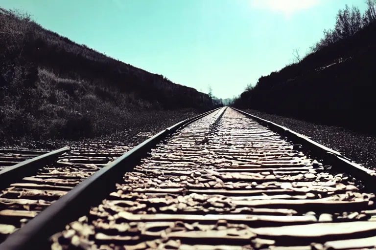 Prompt: shiny metal floating train tracks in blue sky, award winning cinematic still