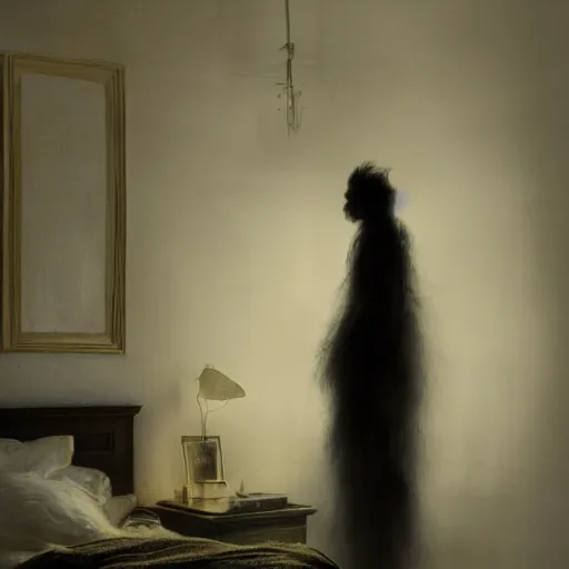 Prompt: shadow figure standing in front of the bed while a person sleeps, volumetric lighting, 8 k octane beautifully detailed render, post - processing, extremely hyper - detailed, intricate, epic composition, cinematic lighting, masterpiece, trending on artstation, detailed detailed detailed, masterpiece, stunning art by anders zorn, wonderful masterpiece by greg rutkowski, beautiful cinematic light,