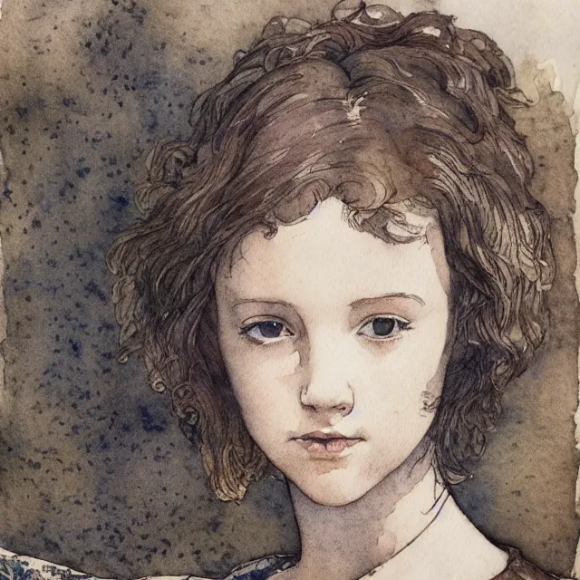 Prompt: a detailed, intricate watercolor and ink portrait illustration with fine lines of young 1 4 year old millie bobby brown looking over her shoulder, by arthur rackham and edmund dulac and lisbeth zwerger