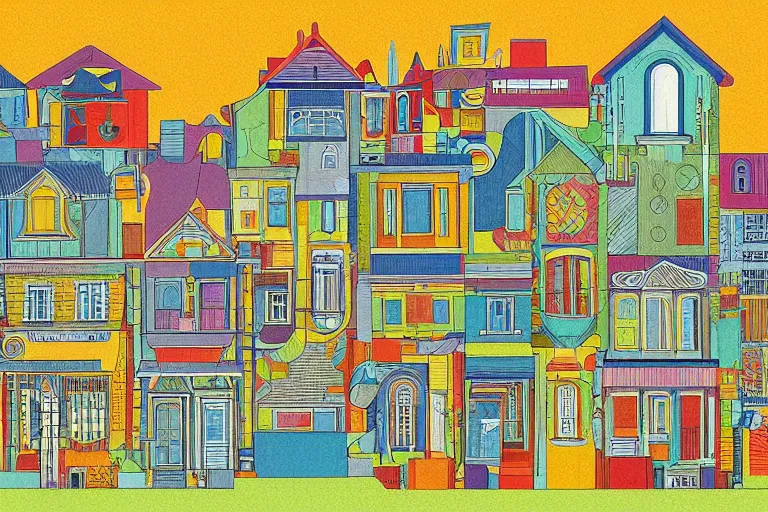 Image similar to a colorful 2 d illustration of a cross section of a house, a storybook illustration by muti and tim biskup, featured on dribble, arts and crafts movement, behance hd, storybook illustration, dynamic composition