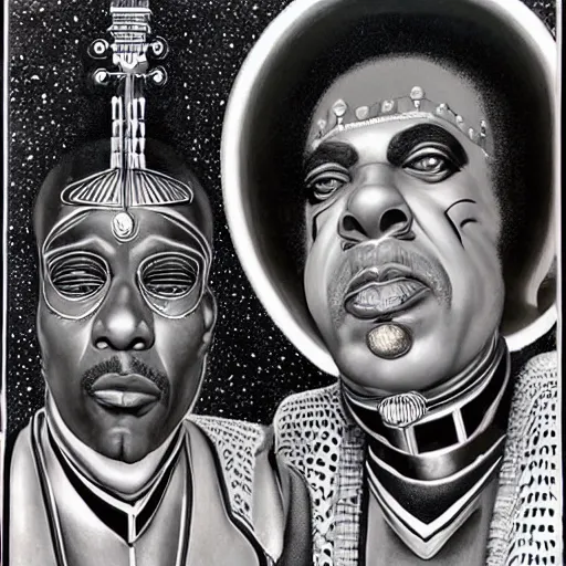 Image similar to beautiful lifelike painting of sun ra and his interstellar arkestra, hyperreal detailed facial features and uv lighting, art by ed roth and basil wolverton