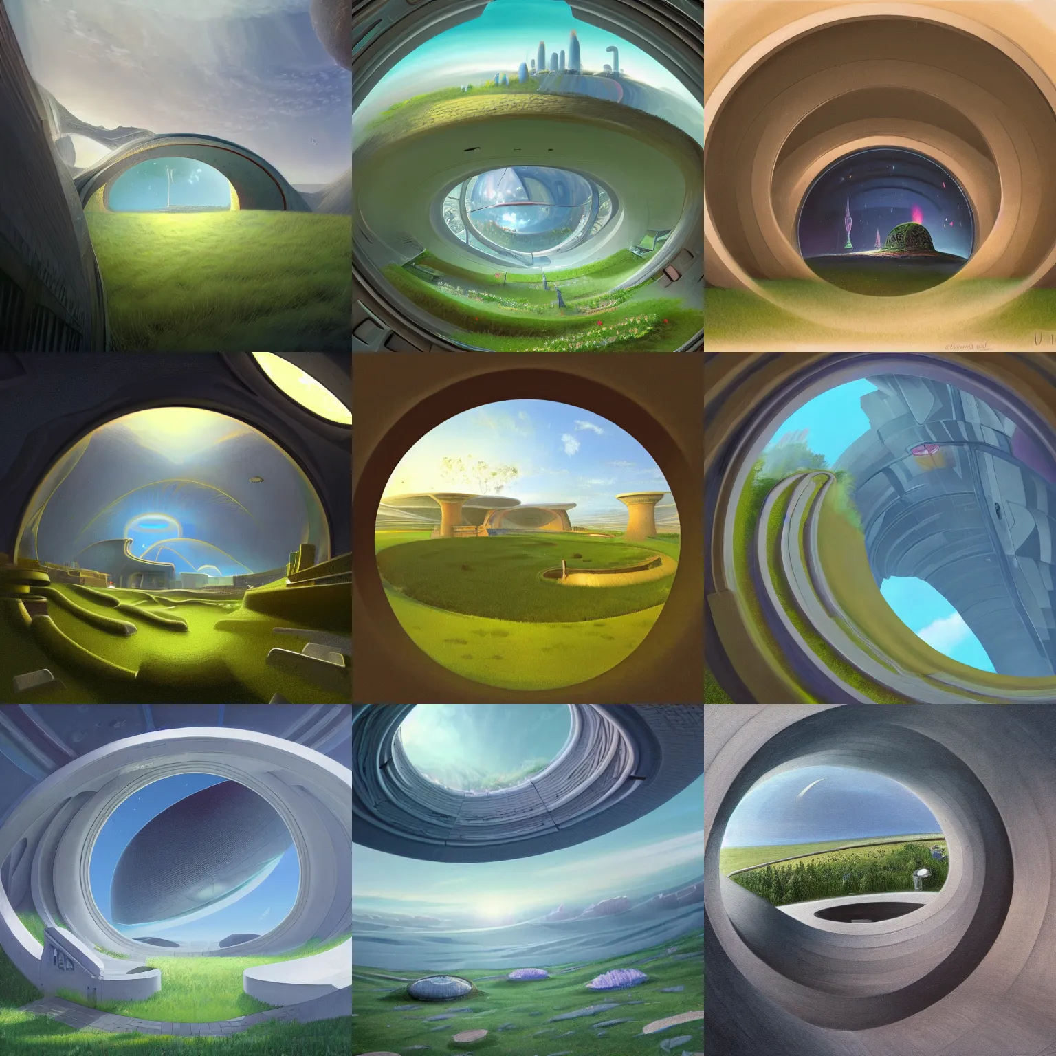 Prompt: painting of a view from the lawn of a house in an o'neill cylinder, a kind of enormous cylindrical space station with landscape inside the cylinder. this view looks along the cylinder, a tunnel - like view, with a support beam down the center of the cylinder. sci - fi concept, hard sci - fi. trending on artstation