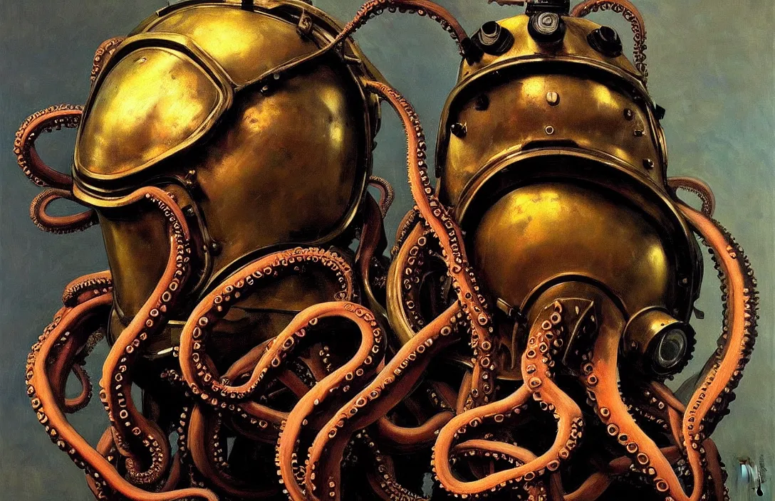 Prompt: portrait of deep sea diver helmet, octopus tentacles!!!!!!!!!!!!!!!!!!!!!!!!!!!, detailed face, detailed painting, epic lighting, by ilya repin, phil hale and kent williams