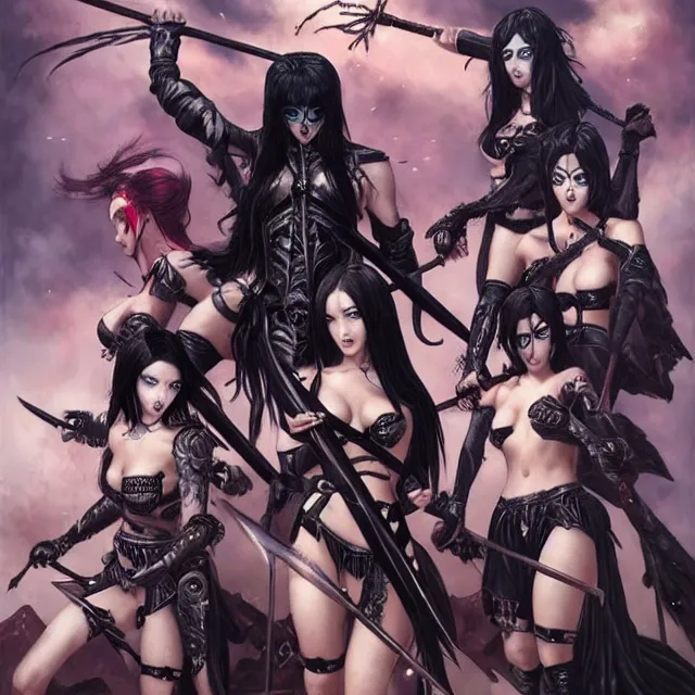 Prompt: group of beautiful goth girls fighting slavemaster with sword cosplay with black hair in bikini armor, light makeup, few tattoos, clothes fully on, art by stanley lau and artgem and wlop and magali villeneuve and karol bak and gennady ulybin