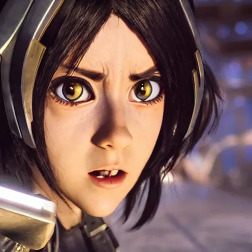 Image similar to Courtney Miller from Smosh as Alita in Alita:Battle Angel, Film Still, 35mm dramatic lighting, cinematic, deep focus, styleframe,