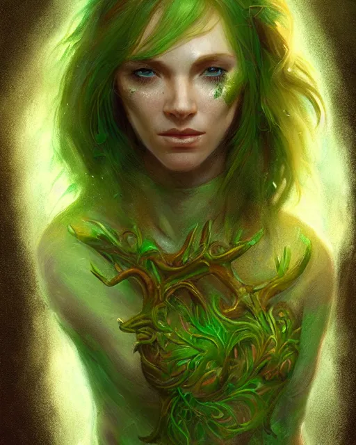 Image similar to female druid, perfect face, thin antlers, green tunic, ginger hair, muscular, abs, cinematic, freckles, stunning, athletic, strong, agile, highly detailed, psychedelic, digital painting, artstation, smooth, hard focus, illustration, art by jessica rossier and and brian froud