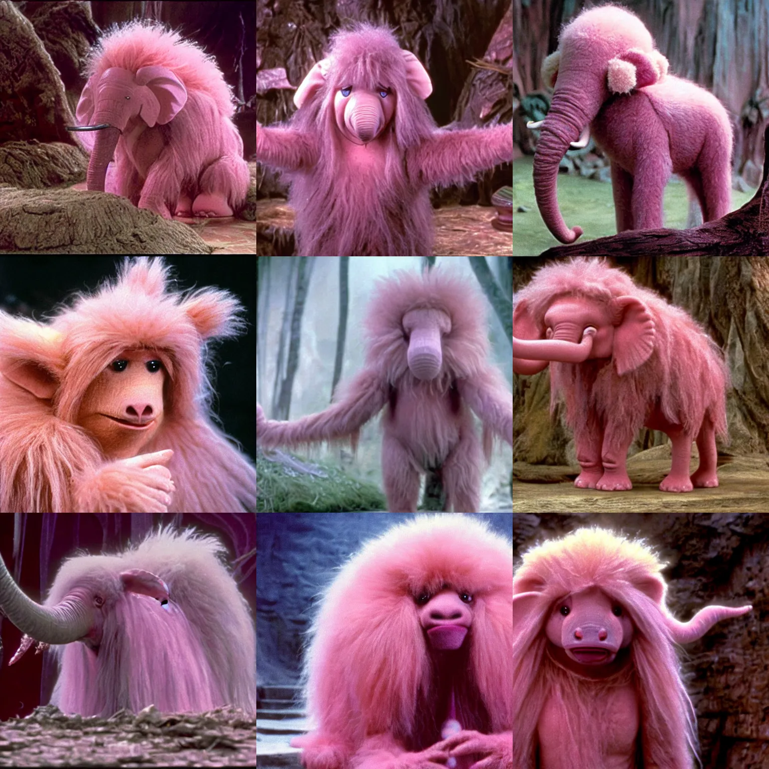 Prompt: A still of a fluffy pink humanoid elephant like creature in The Dark Crystal (1982)